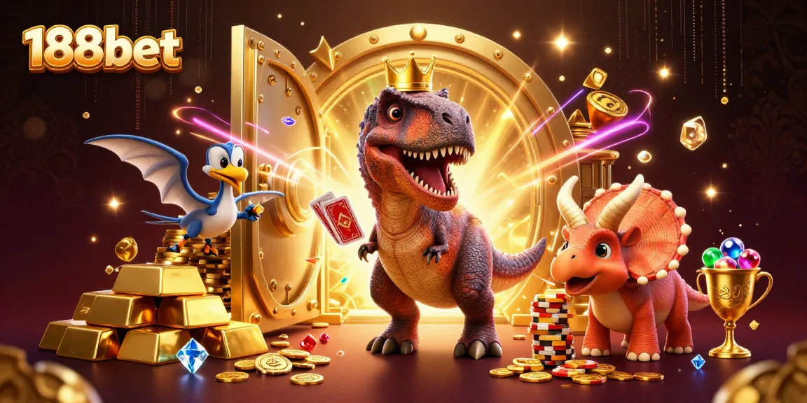 Experience thrilling 188bet gaming as a T-Rex shuffles cards amidst gold treasures.
