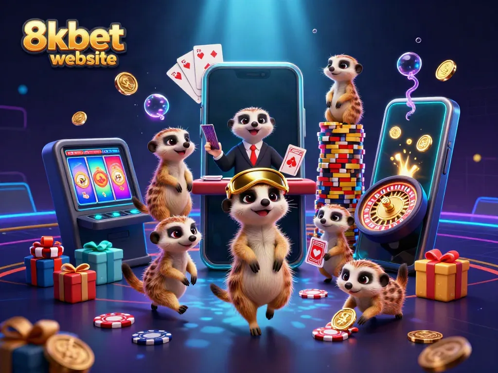Experience the excitement of the 8xbet website with meerkats managing a lively casino scene full of games and treasures.