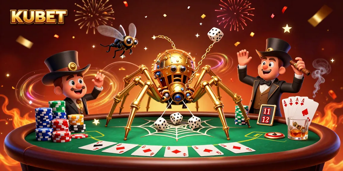 KUBET offers thrilling poker interactions beneath a steampunk spider's web of golden chains.