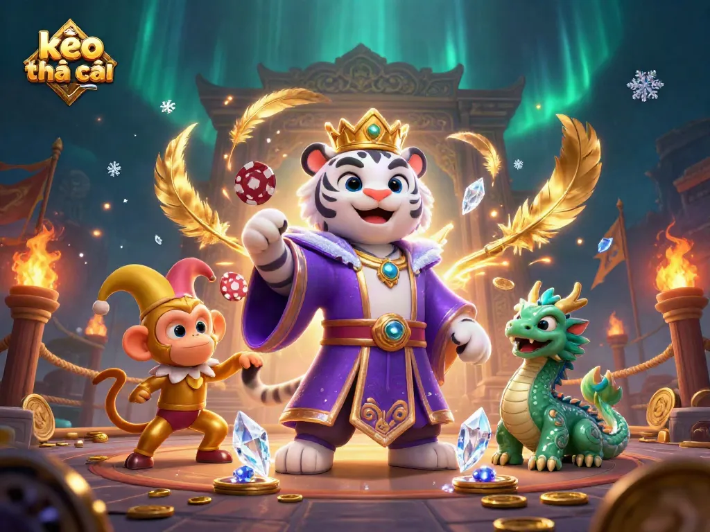 Bet on kèo nhà cái with this vibrant illustration featuring animated characters and dynamic casino elements.
