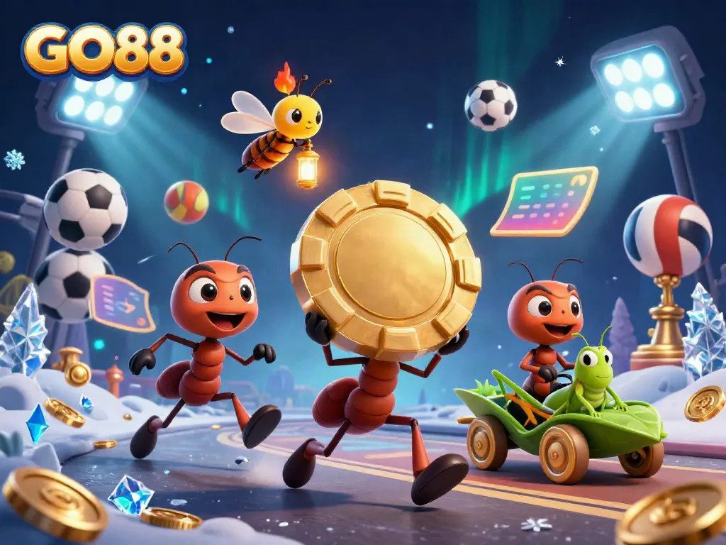 Engaging 3D illustration of GO88, featuring a team of ants heisting a golden poker chip amidst vibrant casino elements.