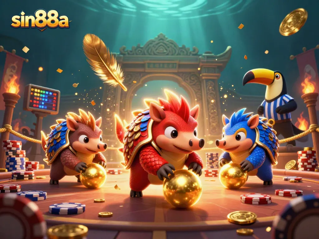 Engage with sin88a's thrilling casino adventure featuring dynamic pangolins and poker chips.