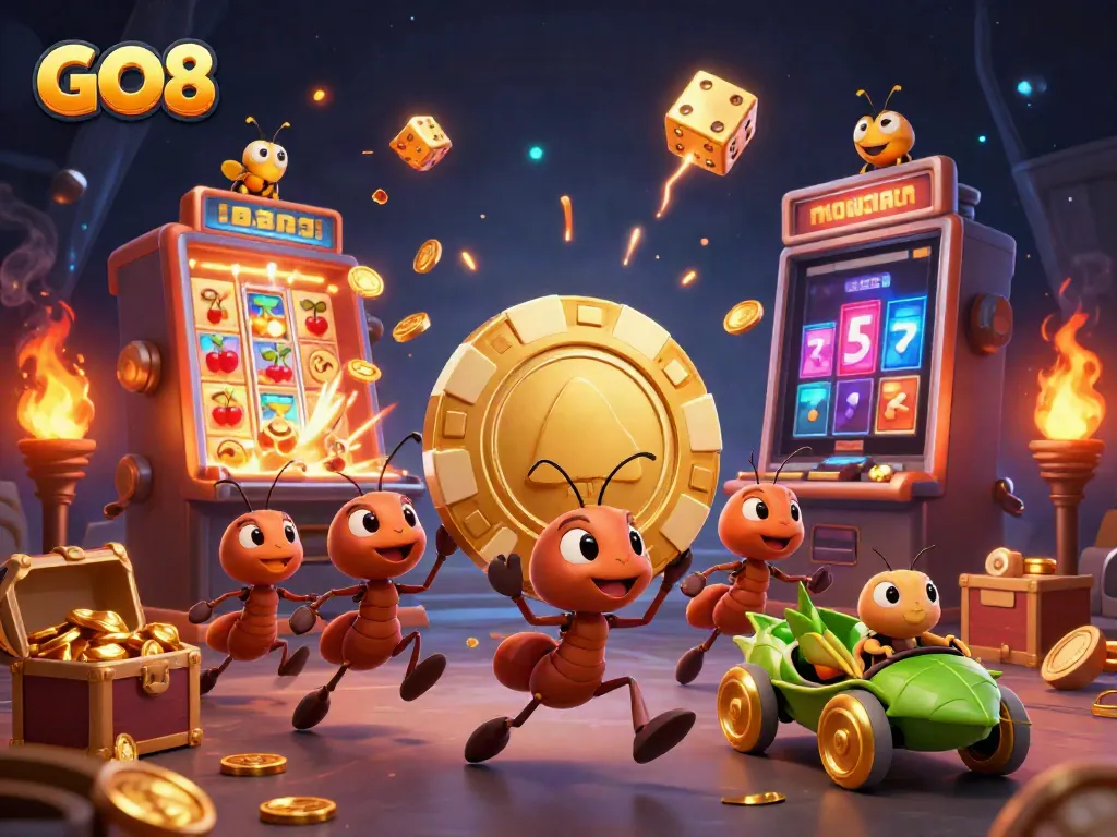 GO8 team of ants running a heist with a massive poker chip at a casino.