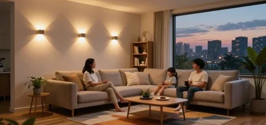 Aplice LED moderne care iluminează un living confortabil, creând o atmosferă caldă și primitoare.