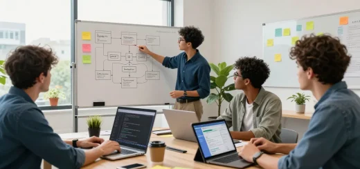 Team collaborating to build internal tools with AI in a modern workspace